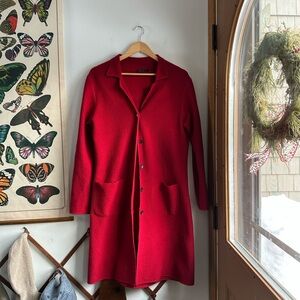 Boden Red Button-Up 100% Wool Long Cardigan Coat